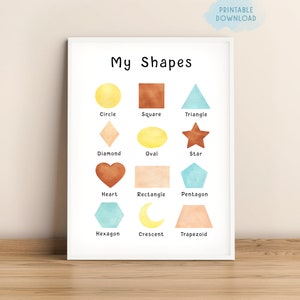 Formas geométricas imprimibles, arte de pared de guardería Montessori, impresión de sala de juegos de Homeschool, decoración de aula, póster de aprendizaje, ilustración de formas