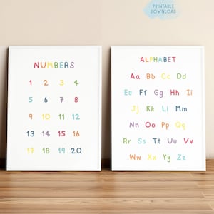 Números y alfabeto imprimibles, decoración de aula, carteles de aprendizaje para niños, impresión de escuela en casa, arte de pared educativo, conjunto de 2 impresiones de arco iris