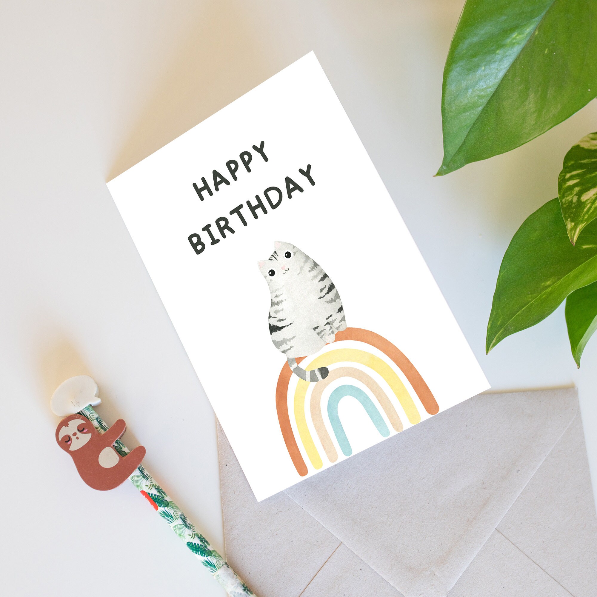 Rainbow Cute Cat Birthday Card Printable Happy Birthday Card Etsy