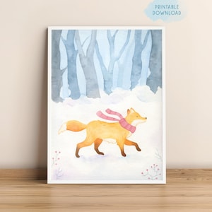 Imprimible para guardería de zorro de invierno, regalo de Navidad, arte de pared para niños, lindo póster de zorro de nieve de acuarela kawaii, decoración de guardería de sala de juegos, vibraciones invernales