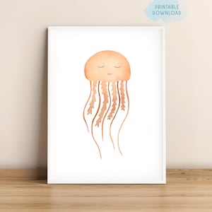 Jellyfish nursery print, Sea animals wall art, Cute baby jellyfish watercolor poster, Nautical bathroom decor, Under the sea animal print