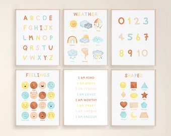 Set van 6 regenboog educatieve posters, Montessori bundel, Vormen gevoelens afdrukken, Weer nummers alfabet afdrukbaar, Affirmaties wand decor