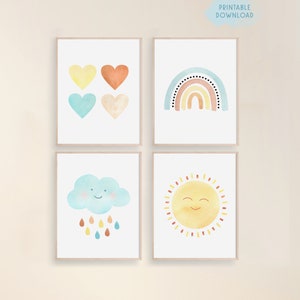 Peut inclure: Ensemble de quatre impressions d'art mural imprimables représentant un arc-en-ciel, un soleil, un nuage avec des gouttes de pluie et quatre cœurs de différentes couleurs. Les impressions sont dans un style minimaliste avec des textures de type aquarelle.