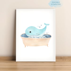 Baby whale in a bathtub printable wall art, Kids bathroom wall decor, Funny bathroom poster for kids, Whale bubble bathing, Animals in a tub