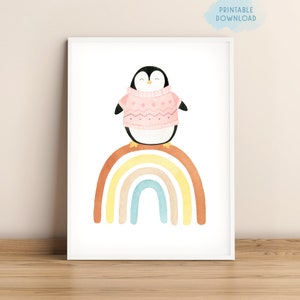 Winter Pinguin auf einem Regenbogen Kinderzimmer printable, Kinderspielzimmer Wandkunst, Niedliche Aquarell Baby Pinguin Kinderzimmer Dekor, Baby Tier Poster
