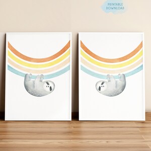 Schattige afdrukbare muurkunst luiaard tweeling, inrichting kinderkamer tweeling, set van 2 regenboogposters, slaapkamerinrichting tweeling, dierenprints broers en zussen, print luiaard