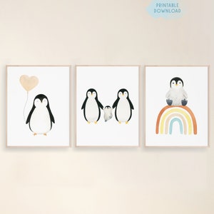 3er Set niedliche Kinderzimmer Poster, Regenbogen Baby Pinguin Poster, Aquarell Wandkunst, Pinguin Herz Ballon Dekor, Pinguin Familie druckbar