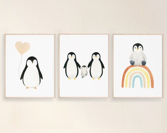 Set of 3 cute nursery room prints, Rainbow baby penguin poster, Watercolor wall art, Penguin heart balloon decor, Penguin family printable