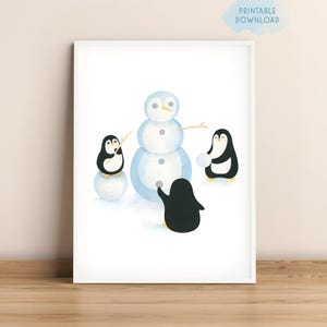 Aquarell Pinguine, Geschenk für Kinder, Kinderzimmer Wandbild, Illustration kawaii, Geschenk für Kinder, Kinderzimmer Dekor, Winter Schneemann
