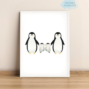 Imprimible para guardería de gemelos con familia de pingüinos, arte de pared neutro para niños, linda familia de pingüinos de acuarela, decoración de sala de juegos para guardería, póster de animales para bebés