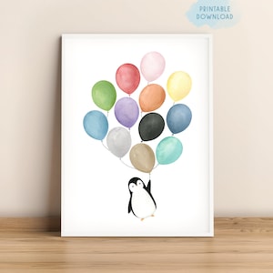 Arte della parete vivaio di palloncini colorati, arredamento della camera dei bambini stampabile pinguino, poster del bambino arcobaleno, illustrazione per bambini giocosi, stampa ad acquerello