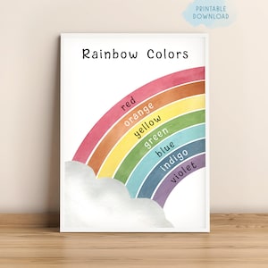 Poster di apprendimento dei colori dell'arcobaleno, arte murale educativa per bambini, arredamento della classe dell'insegnante, stampabile della scuola materna Montessori, stampa dei colori della scuola materna
