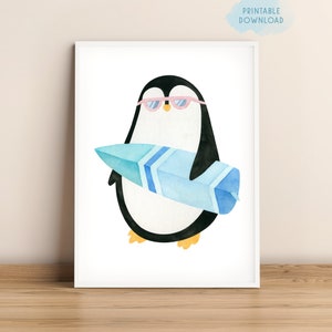 Cooler Pinguin mit Sonnenbrille und Surfbrett, Kinderzimmer Wanddeko, Aquarell Kinderposter, Kinderposter, Kinderposter