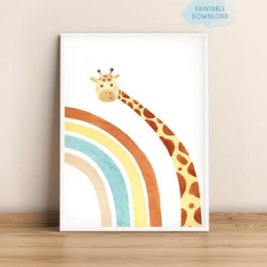 Giraffe nursery wall art, Printable boho Rainbow decor, Neutral nursery print, Kids room animal art, Cute baby giraffe watercolor painting