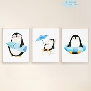 Set von 3 niedlichen Kinderzimmer Postern, Pinguin im Urlaub Poster, Aquarell Wandkunst, Pinguin Sommer Dekor, Pinguin am Strand druckbar