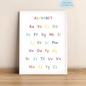 Impresión del alfabeto del arco iris, póster ABC, decoración del aula de educación en el hogar, gráfico de escritura a mano imprimible, póster de arte de pared educativo, regreso a la escuela