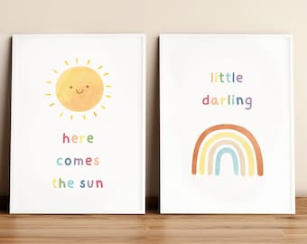 Set of 2 posters here comes the sun little darling, Printable nursery wall art, Rainbow nursery decor, Baby shower gift, Kids room decor