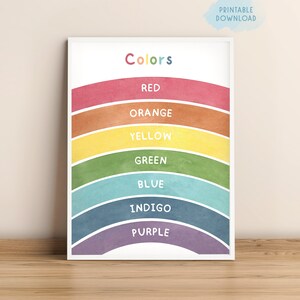 Cartel de aprendizaje de colores, arte de pared educativo para niños, decoración del aula del maestro, escuela en el hogar Montessori imprimible, impresión de colores de la guardería del arco iris