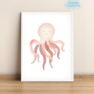 Octopus watercolor print, Ocean nursery wall art, Sea life printable, Nautical baby room decor, Under the sea animal poster, Kids bathroom