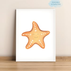 Impresión de vivero de estrellas de mar de acuarela, decoración de pared bajo el mar, arte de pared costera de playa, estrella de mar de bebé imprimible, póster de animales de sala de juegos para niños
