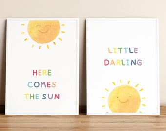 Here comes the sun little darling nursery printable wall art, Rainbow nursery decor, Baby shower gift, Kids room decor, Set of 2 posters