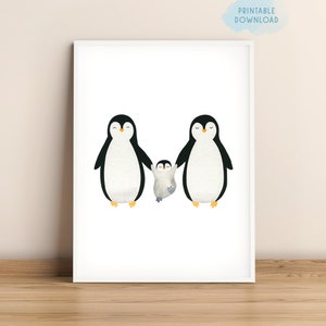 Guardería familiar de pingüinos imprimible, arte de pared neutral para niños, linda familia de pingüinos de acuarela, decoración de guardería de sala de juegos, póster de animales bebés