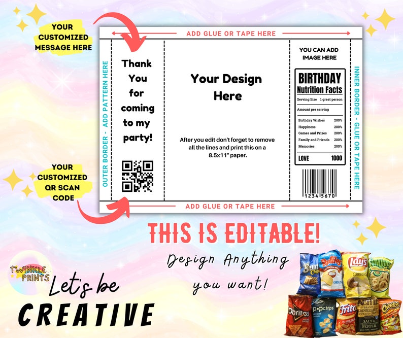 EDITABLE Chip Bag Template Chip Bag Template Canva Chip Bag Chip Bag Templates Chip Bag Labels