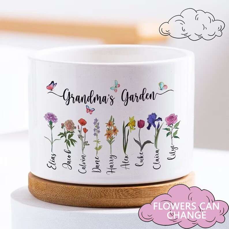 Cache-pot personnalisé, pot de fleur personnalisé le mois de naissance, pot de grand-mère, pot de fleur familial le mois de naissance, cadeau de grand-mère image 1