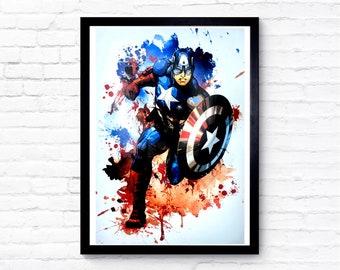 Captain America dynamic splash watercolour print Superhero Collection