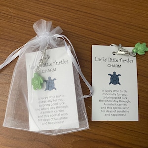 Può includere: Sono esposti due piccoli ciondoli a forma di tartaruga verde con chiusure argentate. Uno è in un sacchetto bianco trasparente, l'altro su una carta bianca con la scritta "Lucky little Turtles CHARM".
