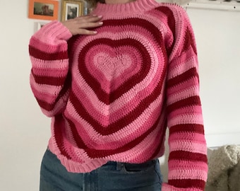 süßer Herz Pullover in pink, rot und rosa, heart sweater in pink, red and light pink/ handmade, handgemacht, 100% cotton/ Baumwolle.