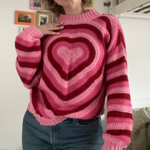 süßer Herz Pullover in pink, rot und rosa, heart sweater in pink, red and light pink/ handmade, handgemacht, 100% cotton/ Baumwolle.