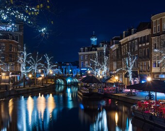 Leiden Visbrug Nacht Stadtbild Print: Holland Wall Art