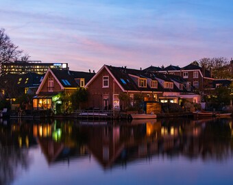 Leiden Galgewater Nacht Stadtbild Leinwand Druck - Holland Kanal Wand Kunst