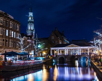 Leiden Koornbrug Nächtliche Stadtansicht: Holland Foto Leinwand Druck