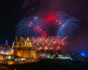 Mellieha Fireworks Fotografie Druck: Malta Souvenir, Skyline Wandkunst