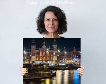 Amsterdam Nacht Stadtbild - Leinwand Druck: Holland Reise Fotografie