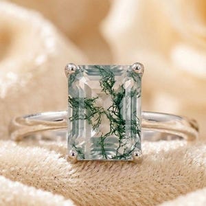 Unique Moss Agate Ring, Octagon Cut Green Agate Engagement Ring, Emerald Cut Moss Agate Wedding Ring, Vintage Nature Inspired Ring For Her