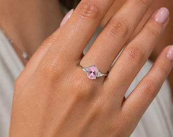 Oval Morganite Ring, Sterling Silver, Dainty Stacking Band, Pastel Pink Gemstone