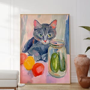 Grey cat eating pickles print - maximalist wall art - dopamine decor - large wall art oversized - funky wall art - cat print pickle jar