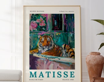 May include: A rectangular art print featuring a tiger resting in a bathtub, rendered in thick, expressive brushstrokes of orange, black, and teal. The text reads MUSÉES MATISSE, tribute to a master, MATISSE, ECOLE DE PARIS, and FRANCE 1980.