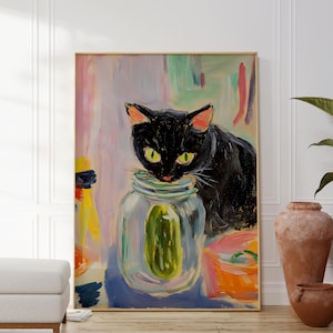 Black cat eating pickles print - maximalist wall art - dopamine decor - large wall art oversized - funky wall art - cat print pickle jar