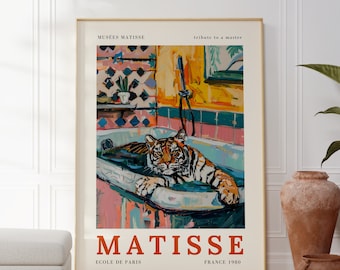 May include: A colorful poster with a tiger in a bathtub. The poster is titled "MATISSE" and has the text "Musees Matisse" and "Tribute to a Master" at the top. The poster also has the text "Ecole de Paris" and "France 1980" at the bottom.