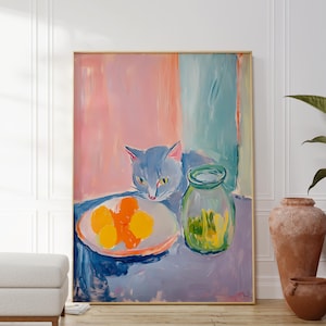 Grey cat eating pickles print - maximalist wall art - dopamine decor - large wall art oversized - funky wall art - cat print pickle jar