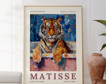 May include: A framed art print featuring an oil painting of a tiger resting in a bathtub against a blue tiled background. The text reads MUSÉES MATISSE, tribute to a master, MATISSE, ECOLE DE PARIS, and FRANCE 1980 in a clean, modern font.