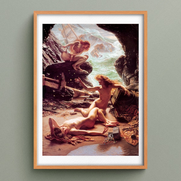 Impression La Grotte des Nymphes de la Tempête, Tableau de Edward John Poynter, Peinture de Sirènes attirant des Marins vers les Rochers