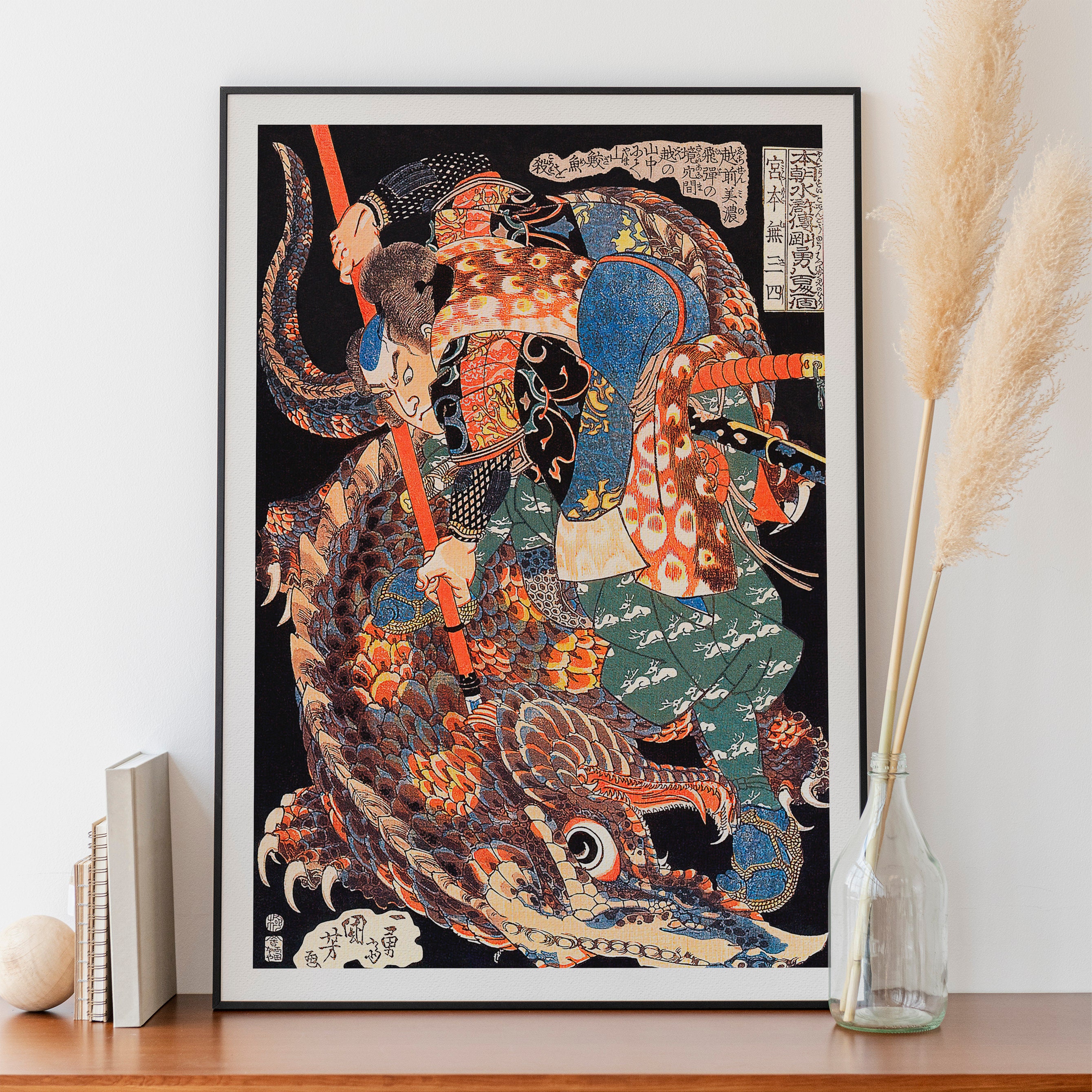 山雀を殺す侍宮本武蔵の版画、歌川国芳のイラスト、日本のアート