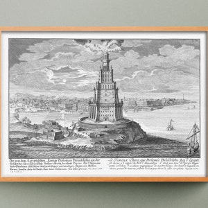 Lighthouse of Alexandria etching, Seven Wonders of the Ancient World print