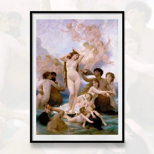 Può includere: Una stampa incorniciata di un dipinto classico raffigurante una donna nuda in piedi su una conchiglia, circondata da figure nell'acqua e cherubini nel cielo. L'opera d'arte presenta colori tenui e un tema mitologico.