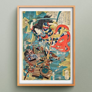 Fujinoe difende la stampa del castello di Takadachi, illustrazione di Utagawa Kuniyoshi, riproduzione d'arte samurai giapponese